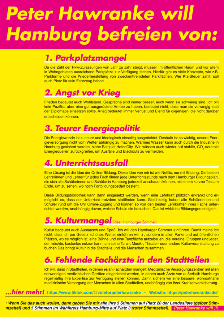 Bürgerschaftswahl 2025, FDP, Hamburg, Hamburg-befreien, Listenplatz 20, Peter Hawranke, Flyer